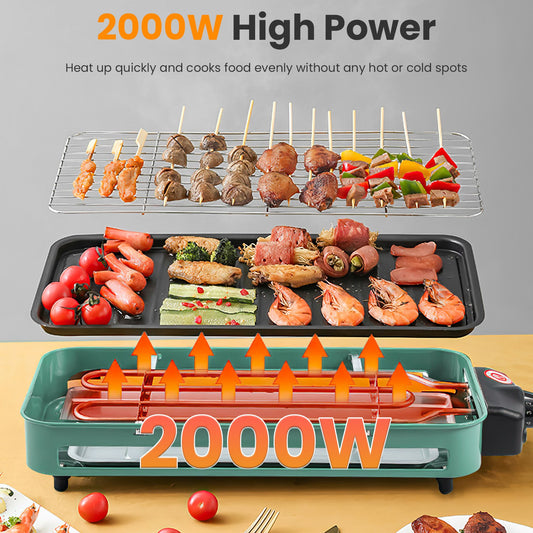 1Pc 2000W Electric Indoor Grill 2 In 1 Electric BBQ Gill With Grill Net Removable Plate 5 Temperature Control 3 Small Trays Dishwasher Safe