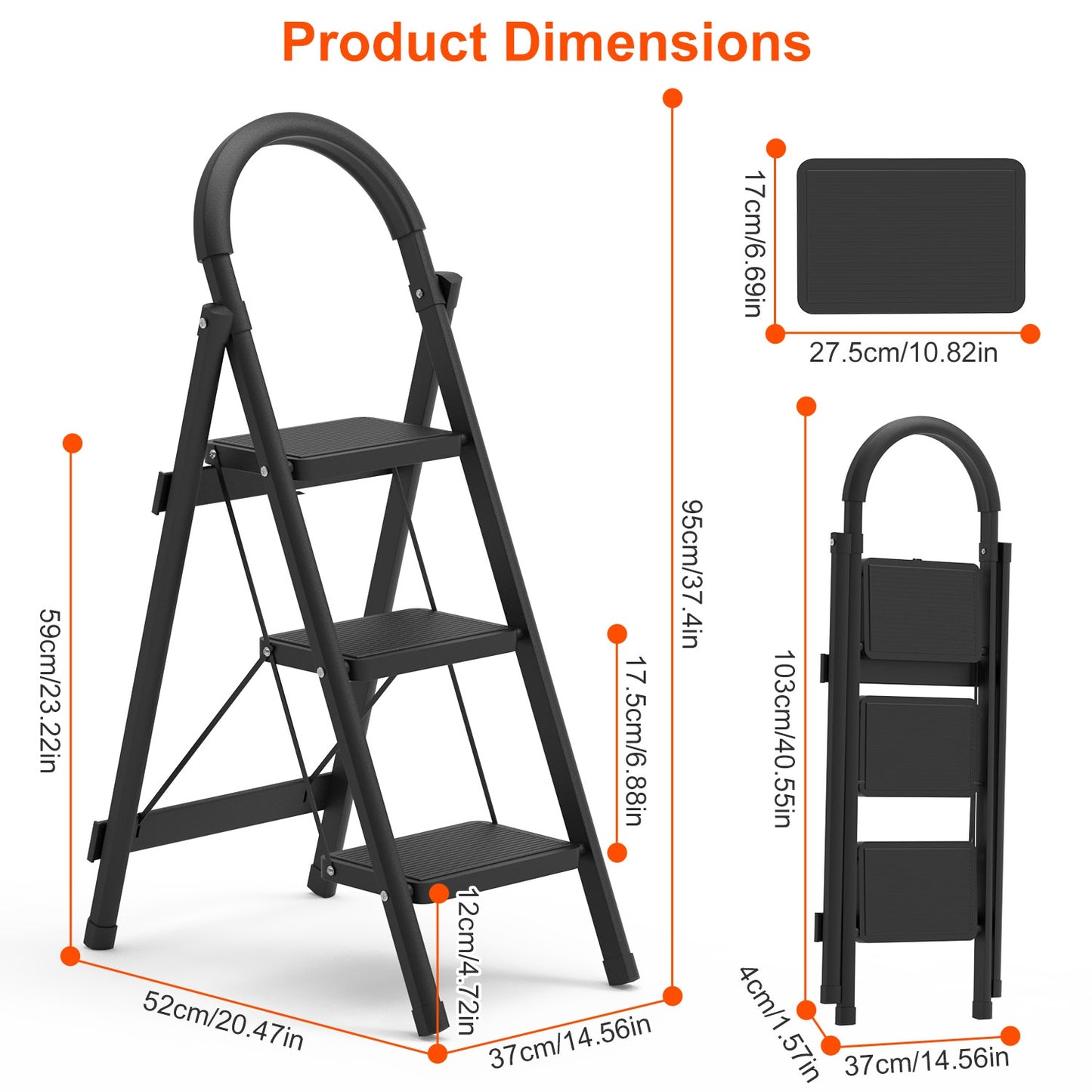 1Pc 3Step Foldable Ladder With Wide Anti-Slip Pedal Safety Locking Design Soft Handgrip Portable Lightweight Folding Step Stool 330LBS Load Capacity For Household Kitchen Office