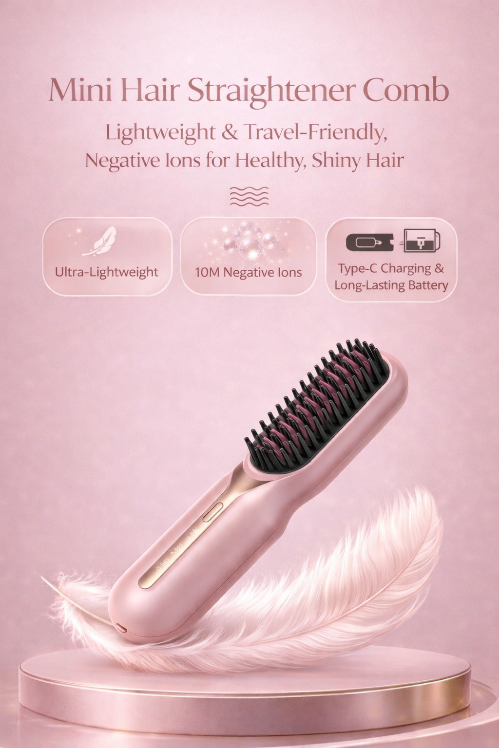 Mini Hair Straightener Comb – Cordless, Portable & Rechargeable with Type-C Charging