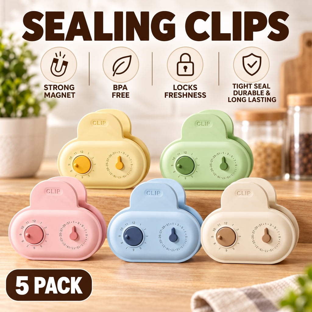 Reusable Freshness Date Clips – 5 Pack Food Bag Sealing Clips with Month & Date Tracker