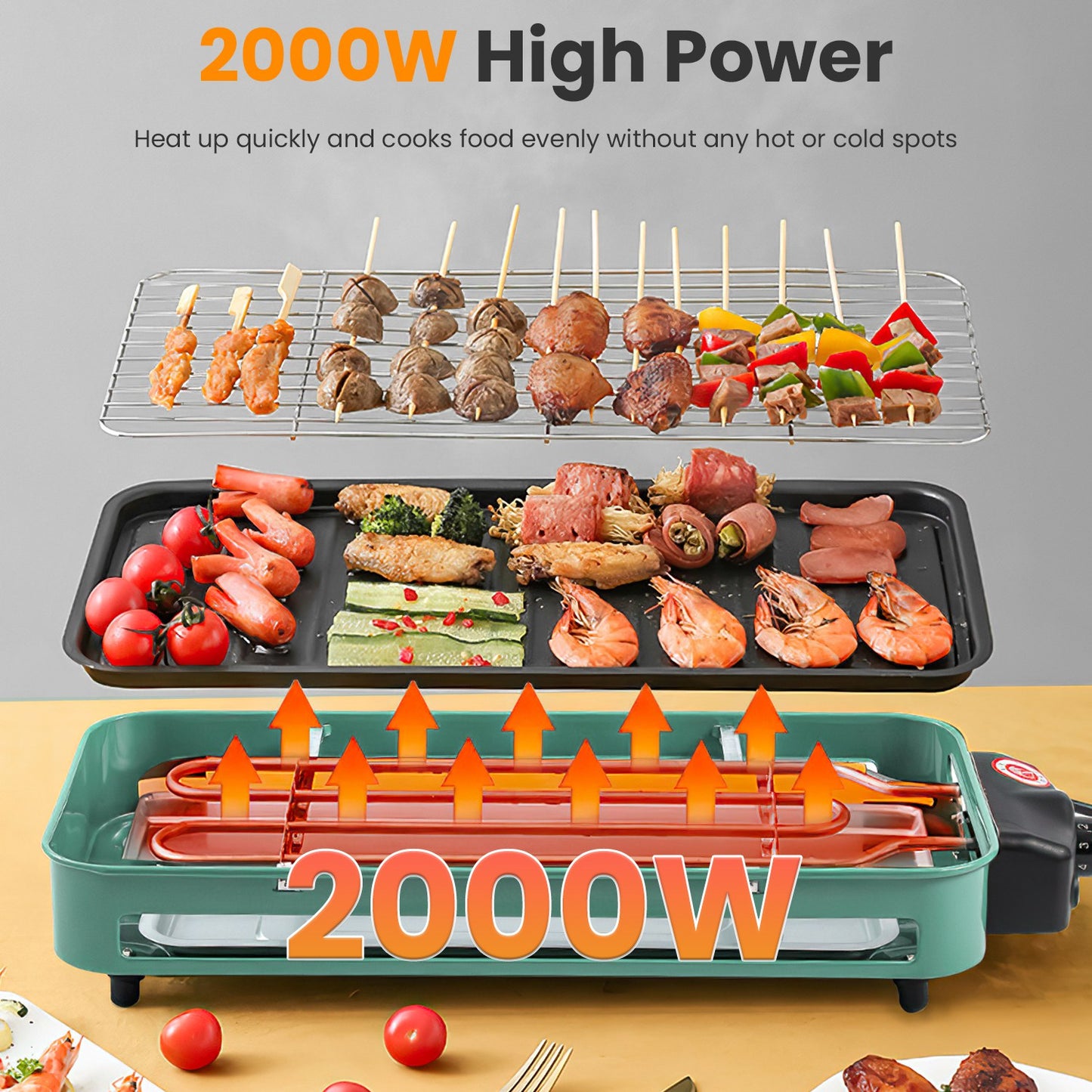 1Pc 2000W Electric Indoor Grill 2 In 1 Electric BBQ Gill With Grill Net Removable Plate 5 Temperature Control 3 Small Trays Dishwasher Safe