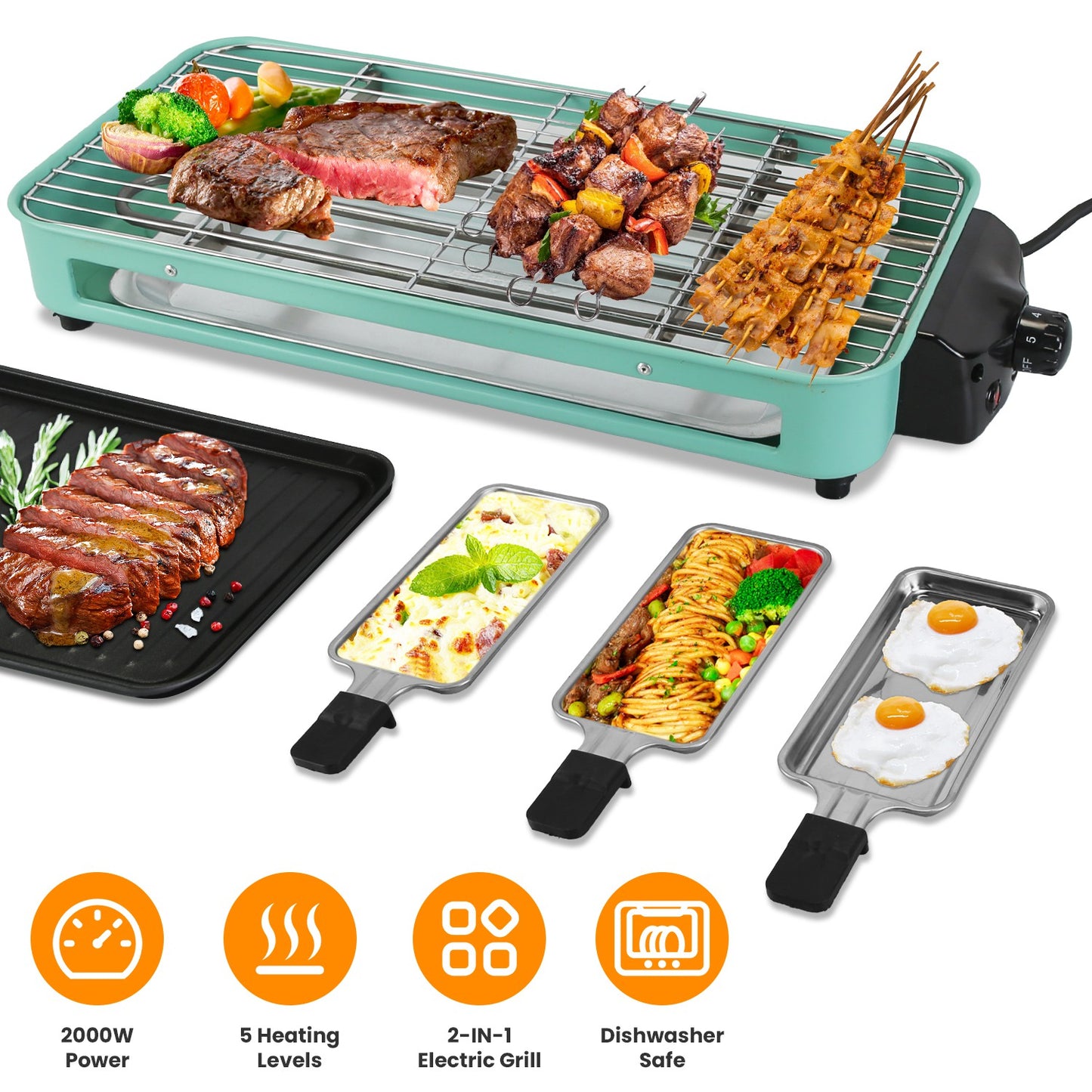 1Pc 2000W Electric Indoor Grill 2 In 1 Electric BBQ Gill With Grill Net Removable Plate 5 Temperature Control 3 Small Trays Dishwasher Safe