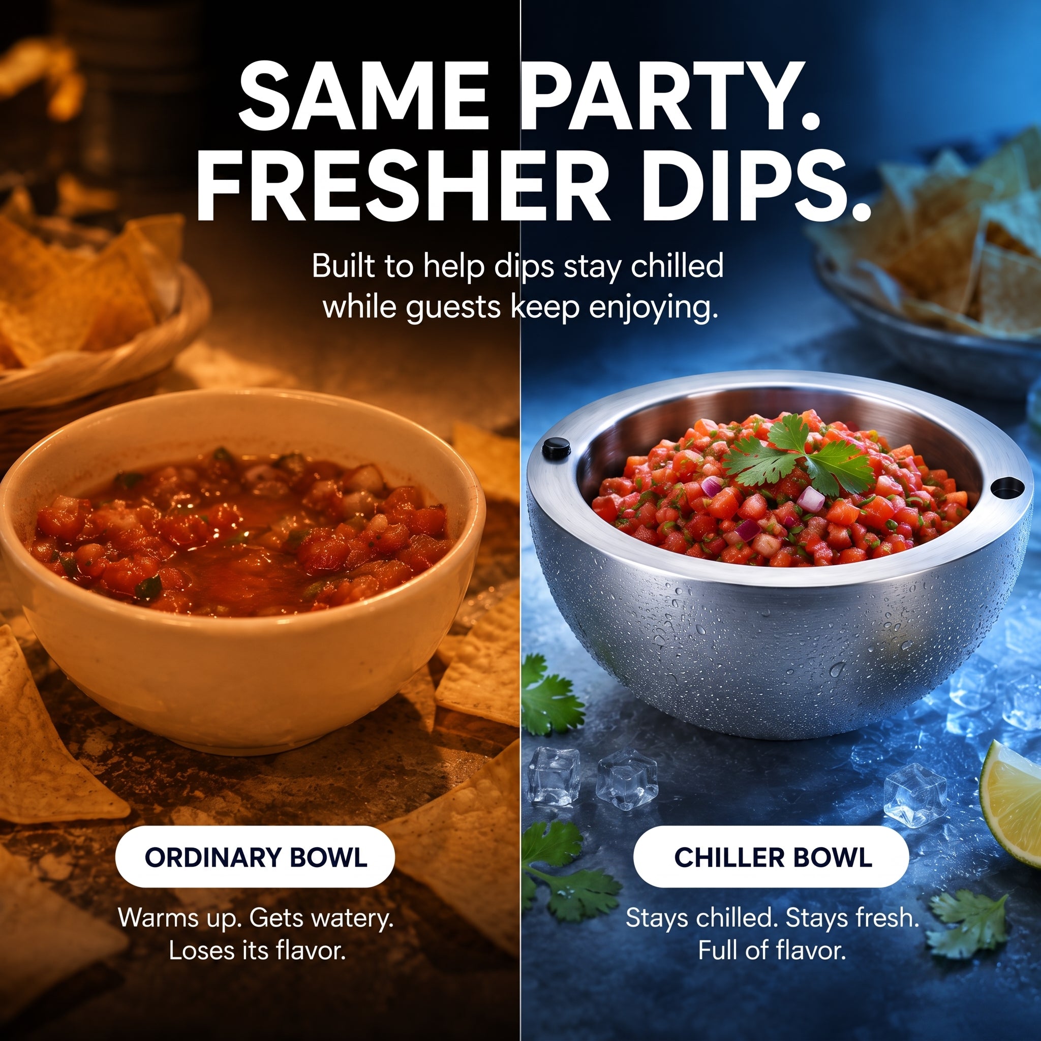 Stainless Steel Dip Chiller Bowl – Insulated Serving Bowl for Salsa, Dips, Salads & Parties