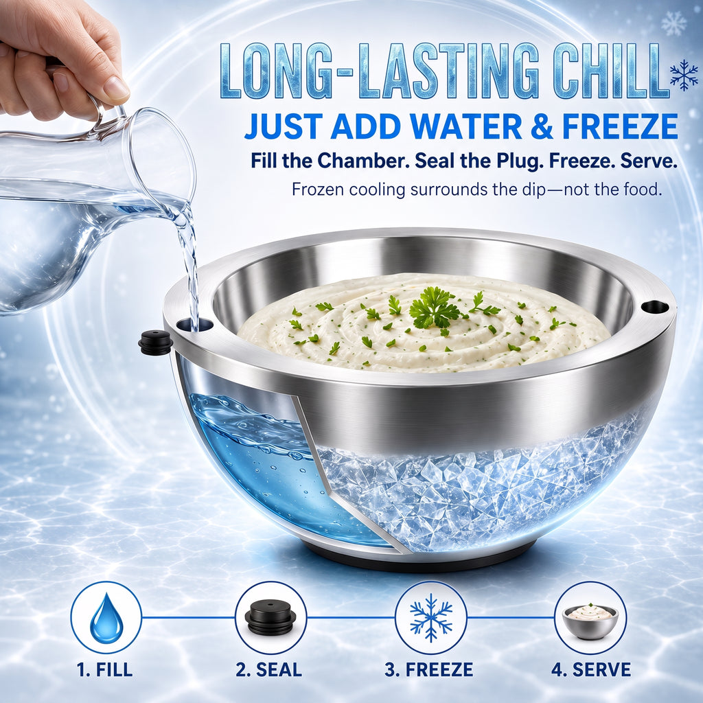 Stainless Steel Dip Chiller Bowl – Insulated Serving Bowl for Salsa, Dips, Salads & Parties