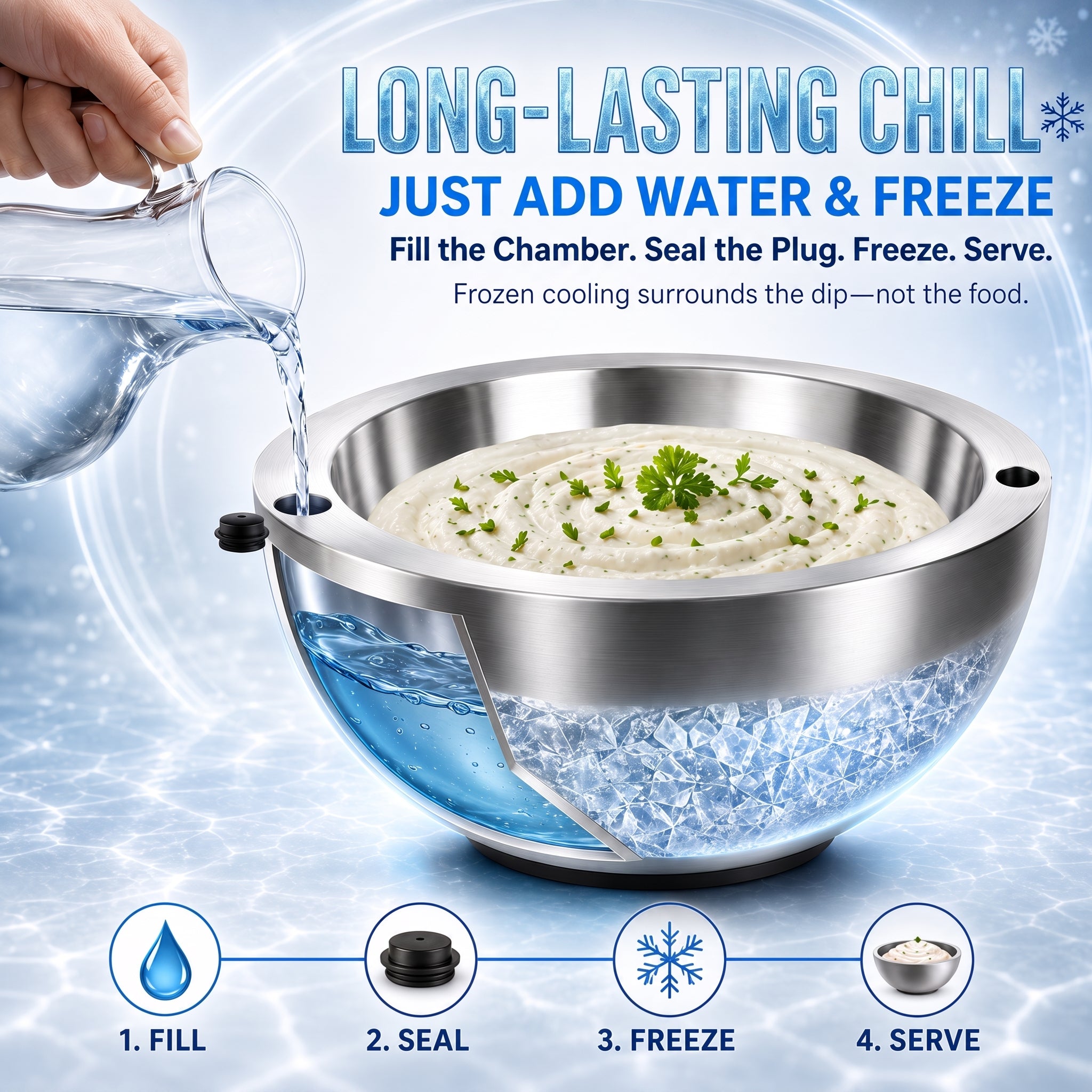 Stainless Steel Dip Chiller Bowl – Insulated Serving Bowl for Salsa, Dips, Salads & Parties